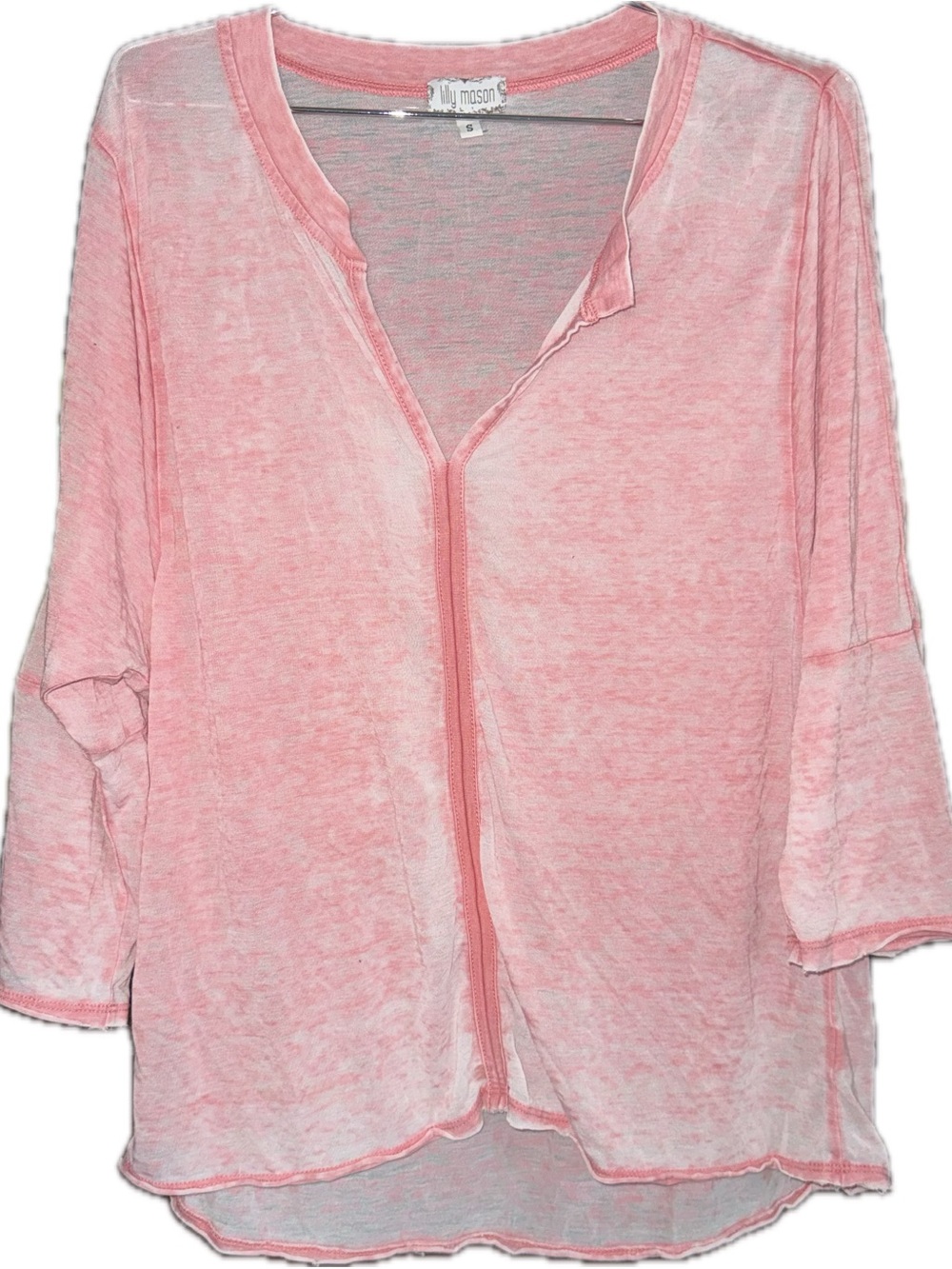 Lilly Mason Pink Acid Wash Split V-Neck Raw Hem Tunic Top